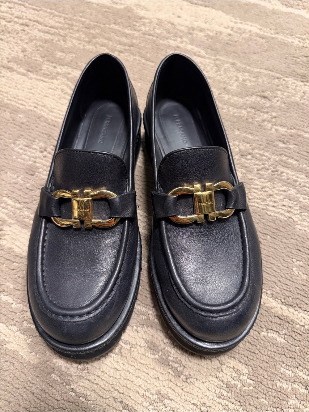 Salvatore Ferragamo Black Leather Loafers with Gold Gancini Hardware